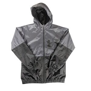 Kids Under Armour ColdGear Hooded Windbreaker Jacket YLG Grey Black Logo